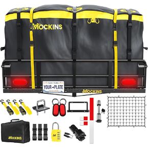Mockins 60"x24"X14" High Rail Folding Trailer Hitch Cargo Carrier Hitch Mount w/Rear Lights & 30 CuFt Waterproof Storage Bag | 500 Lbs Cap. Vehicle Cargo Carriers Hitch Basket & Truck Bed Cargo Bag