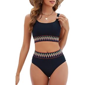 ZINPRETTY Women High Waisted Bikini Set Color Block Swimsuit Two Piece High Cut Bathing Suit Tummy Control Boho Cheeky
