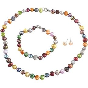 Women's Pearl Necklace Set - Elegant Multicolor 8-9mm Baroque Cultured Freshwater Pearl Necklace Bracelet And Stud Earrings Pearl Jewellery Set for Women Ladies and Girls