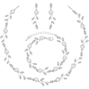 CSY Luxury Bridal Necklace Earrings Bracelet Cubic Zirconia Wedding Jewelry for Bride CZ Crystal Pearl Floral Vine Silver Jewelry Set Women