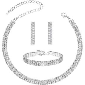 Tatibana Crystal Wedding Jewelry Set, Silver Necklace Earrings Bracelet Crystal Bridal Wedding Jewelry Sets for Brides Bridesmaid Prom Costume Accessories