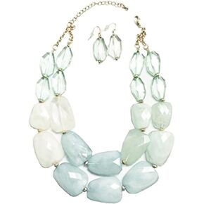Multi Pale Aquamarine Light Powder Blue Sea Glass Turquoise Mint Green Ivory Frosted White Beige Colored Resin Big Chunky Statement Necklace
