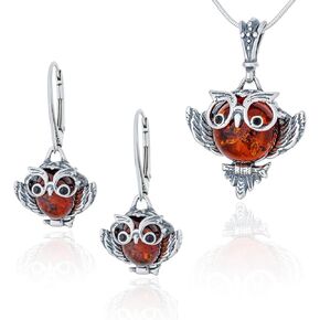 Women's Clever Owls Jewellery Set, Oxidised Sterling Silver, Baltic Amber in Cognac Colour, Silver Pendant on Chain and Earrings