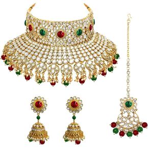 Aheli Ethnic Kundan Pearl Bridal Choker Necklace Earrings with Maang Tikka for Women Girls Indian Traditional Bollywood Fashion Jewelry Set Green