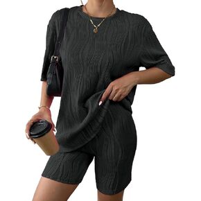 KIRJAUDU Women 2 Piece Textured Outfit Short Sleeve Loose T-Shirt High Waist Skinny Short Tracksuit Sets