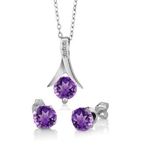 Gem Stone King 925 Sterling Silver Purple Amethyst and White Diamond Pendant and Earrings Jewelry Set For Women (2.15 Ct with 18 Inch Silver Chain)