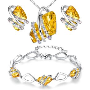 Leafael Wish Stone Necklace, Stud Earrings and Bracelet Jewelry Set for Women, November Birthstone Citrine Yellow Crystal Jewelry, Silver Tone Gifts for Women