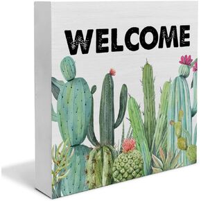 Country Welcome Cactus Wood Box Sign Decor Desk Sign Cactus Lover Wooden Box Block Sign Welcome Signs Summer Rustic Home Shelf Wall Decoration