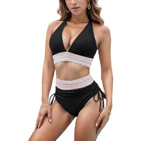 Womens Colorblock Bikini Sets Ruched Drawstring Two Piece High Waisted Bathing Suit