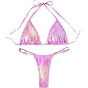 SOLY HUX Women's Metallic Triangle Bikini Set Tie Knot Halter High Cut Bathing Suits 2 Piece Cheeky Swimsuit