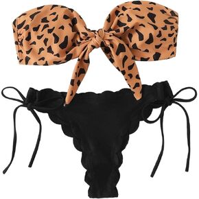 WDIRARA Women's 2 Piece Leopard Print Swimsuit Knot Front Bra and Scallop Trim Tie Side Bikini Bottom Set
