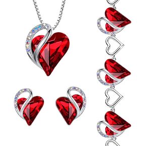 Leafael Infinity Love Heart Necklace, Stud Earrings, and Bracelet for Women, July Birthstone Crystal Jewelry, Silver Tone Gifts for Women, Siam Ruby Red