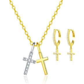 Double Cross Necklace for Women Small Gold Hoop Earrings Set Birthday Gift for Women