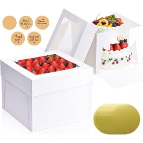 16 قطعة من علب الكيك الطويلة 10x10x8 بوصة مع ألواح الكيك (8 قطع من علب الكيك البيضاء، 8 قطع من ألواح الكيك)، صناديق خبز بيضاء مع نافذة، حاوية حامل الكيك لحفلات أعياد الميلاد وحفلات الزفاف وعيد الحب in Kuwait