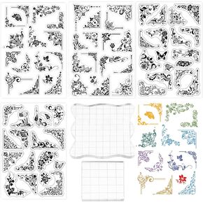 GLOBLELAND 4Sheet Flower Corner Silicone Clear Stamp with 2 Acrylic Block Plant Transparent Silicone Stamp for Scrapbook Journal Mother's Day Card Making