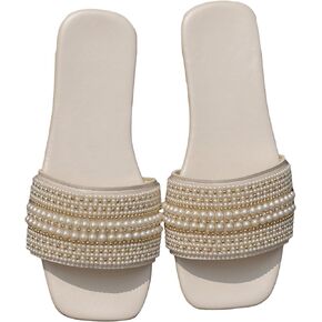 Verdusa Women's Square Open Toe Pearls Flat Sandals Slip On Slides Summer Sandals