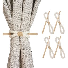 Boho Curtain Tiebacks, 2 Pcs Rustic Decorative Curtain Holder, Natural Cotton Jute Rope with Wood Club, Outdoor Farmhouse Curtain Tie Backs for Curtains Drapes Window Home Office Room Decor