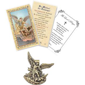 St Michael Visor Clip - Laminated St Michael The Archangel Prayer Card, The Lord's Prayer Card -Antique Brass Style St Michael Car Clip - St Michael Car Accessories, Catholic Cards Set - Total 3 Items