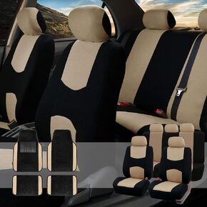 FH Group Car Seat Covers Flat Cloth Full Set – Universal Fit for Cars Trucks & SUVs (Beige) FB050115 + F14407