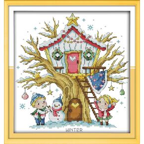 Cross Stitch Kits, Awesocrafts Tree House, Winter Easy Patterns Cross Stitching Embroidery Kit Supplies Christmas, Stamped or Counted (Tree House, Counted)