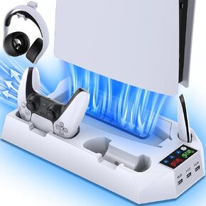 Sgelectronics PS5 Stand and Cooling Station with Dual Controller Charging Station for PS5 Console, Controller Charger, Cooling Fan, Headset Holder, 3 USB Hub, Media Slot, Screw White