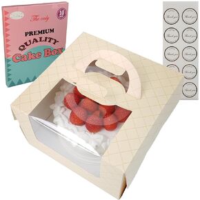 Bakery Cake Boxes 10-Set with Grease Proof Square Cake Boards. 8x8x5" in Attractive ButterCream Color, Sturdy Handle, Large Clear Window. Ideal for Pies, Pastry, Baked Goods, Gifts