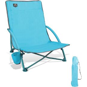 Low Beach Chair,Folding Recliner Camping Chair for Adults,Lightweight Backpacking Low Seat Camping Chairs with Cup Holder, Carry Bag for Outdoor Camp Lawn Picnic Festival,Blue