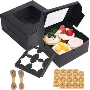 24 PCS Cupcake Boxes 4 Count, Cookie Boxes with Window 6x6x3, Muffin Boxes, Cupcake Carrier with Inserts, Small Bakery Cake Boxes for Treats Pastry Macaroon Donut with Twine & Stickers (Black)