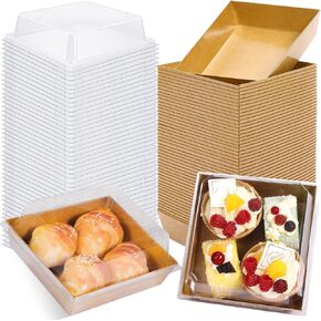 Paper Charcuterie Boxes with Clear Lids,50 Pack Square Disposable Food Containers,Paper Cake Boxes Dessert Boxes,5 Inch Bakery Boxes,Disposable Sandwich Box for Cake Slice Cookies (Brown)