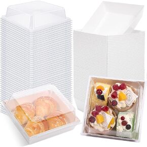 Paper Charcuterie Boxes with Clear Lids,50 Pack Square Disposable Food Containers,Paper Cake Boxes Dessert Boxes,5 Inch Bakery Boxes,Disposable Sandwich Box for Cake Slice Cookies (Brown)