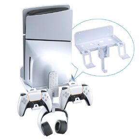 NANANINO PS5 Slim Wall Mount Kit, PS5 Slim Wall Mount Kit with 2 Detachable Controller Holder, Headphone and Remote Control Mount, Steel Wall Stand - White