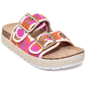 Women's Double Buckle Floral Crochet Cork Flat Sandals