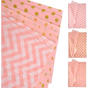 30 Sheets Light Pink Tissue Paper, 19.68x13.78in Wrapping Tissue Paper Star Dot Wavy Pattern Decorative Gift Bags Wrapping Paper Sheets for Christmas Wedding Birthday Crafts Packing(3 Styles)
