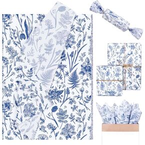 Whaline 100 Sheets Blue Floral Tissue Paper Chinoiserie Flower Gift Wrapping Paper Botanical Decorative DIY Art Craft Paper for Wedding Birthday Baby Shower Supplies, 13.7 x 19.6 Inch
