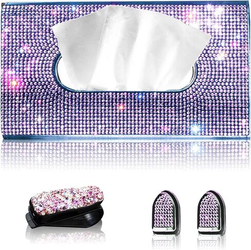 Purple Car Visor Tissue Box Holder, Bling Crystals PU Leather Napkin Holder, Glitter Car Visor Accessories with Sparkly Mask Hook Clip for Women, Gift for Christmas Thanksgiving (Purple 3 pcs) in Saudi Arabia