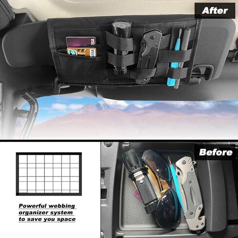 منظم واقي الشمس لسيارة جيب رانجلر، لوحة تكتيكية، 5 أكياس، نايلون 1000D، أسود، JK JL & Gladiator JT 2007-2023 in Kuwait