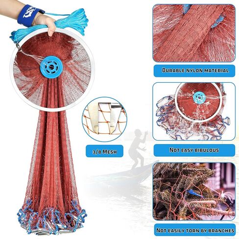 شبكة مصبوبة أمريكية من PLUSINNO مع حلقة من الألومنيوم، شبكات مصبوبة مقاس 3/8 بوصة لصيد الأسماك، شبكة مصبوبة لصيد الأسماك بقطر 4 أقدام/5 أقدام/6 أقدام/7 أقدام/10 أقدام - شبكة مصبوبة لصيد الأسماك بما في ذلك مجموعة إصلاح إضافية in Kuwait