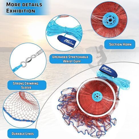 شبكة مصبوبة أمريكية من PLUSINNO مع حلقة من الألومنيوم، شبكات مصبوبة مقاس 3/8 بوصة لصيد الأسماك، شبكة مصبوبة لصيد الأسماك بقطر 4 أقدام/5 أقدام/6 أقدام/7 أقدام/10 أقدام - شبكة مصبوبة لصيد الأسماك بما في ذلك مجموعة إصلاح إضافية in Kuwait