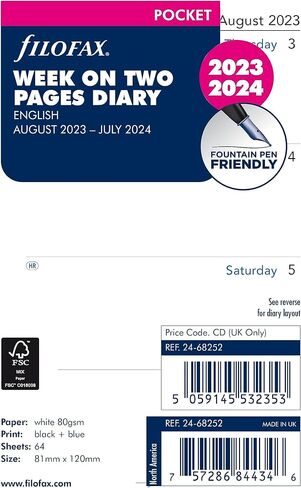 Filofax Calendar Diary Refill, Pocket Size, Week-to-View, Academic, White Paper, Unruled, English, August 2023 to July 2024 (C68252-24) in Saudi Arabia