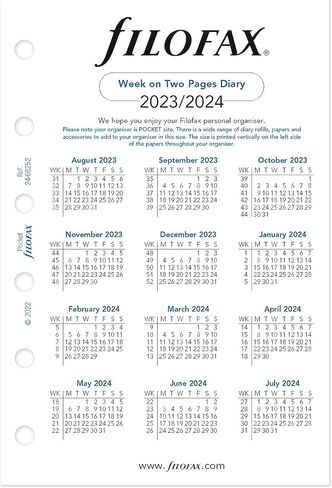 Filofax Calendar Diary Refill, Pocket Size, Week-to-View, Academic, White Paper, Unruled, English, August 2023 to July 2024 (C68252-24) in Saudi Arabia