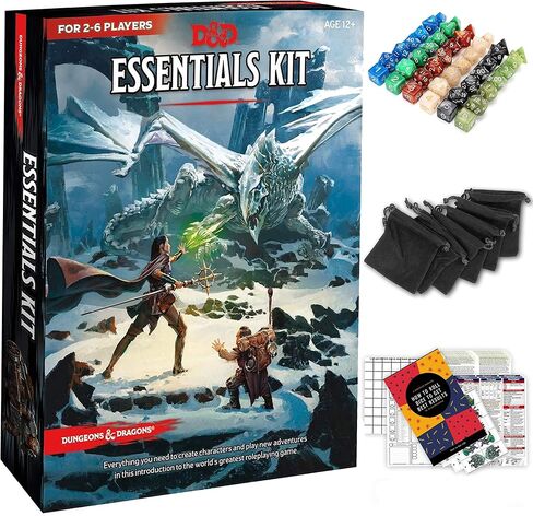 Dungeons and Dragons Essentials Kit - Starter Set Extra 6 Dice Sets, Flannel Bags, Master Screen, Figures, New Heroes, Dice Guide, Statistic Sheets - DND 5th Edition Rolling Board Game in Kuwait