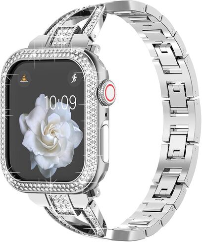 متوافق مع Apple Watch Diamond Case الغطاء الواقي بلينغ حجر الراين كريستال سبيكة معدنية الفرقة حزام سلسلة 9 8 7 6 5 4 in Kuwait
