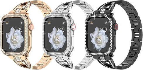 متوافق مع Apple Watch Diamond Case الغطاء الواقي بلينغ حجر الراين كريستال سبيكة معدنية الفرقة حزام سلسلة 9 8 7 6 5 4 in Kuwait