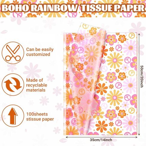 Bolsome 100 Sheets 20 * 14 Inches Boho Tissue Paper, Daisy Pattern Gift Wrapping Tissue, Groovy Floral Print Tissue Paper for Gift Bags for Birthday Baby Shower Wedding DIY Craft in Saudi Arabia