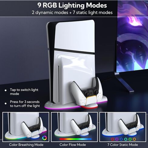 حامل شحن Allnice مع مروحة تبريد لوحدة التحكم PS5 Slim، حامل تبريد نحيف RGB Light PS5 مدمج مع محطة شحن وحدة تحكم مزدوجة لملحقات DualSense/Edge PS5 Slim in Kuwait