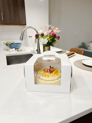 The White Rose-Set of 15 (15 Cake Boxes and 15 Cake Boards). 10inx10inx6.5in. Disposable Cake Carrier with Built-in Handle and Clear Window in Saudi Arabia