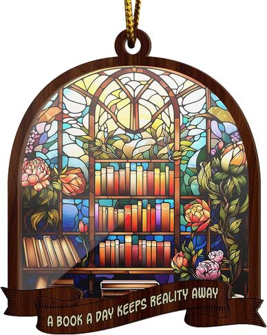 Artsy Woodsy A Book A Day Keep Reality Away Book Suncatcher زخرفة، هدايا فريدة لمحبي الكتب، قارئ الكتب، أمين المكتبة، دودة الكتب، مكتبة رف الكتب، ديكورات ركن الكتب، ملحقات السيارة in Kuwait