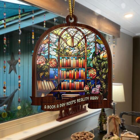 Artsy Woodsy A Book A Day Keep Reality Away Book Suncatcher زخرفة، هدايا فريدة لمحبي الكتب، قارئ الكتب، أمين المكتبة، دودة الكتب، مكتبة رف الكتب، ديكورات ركن الكتب، ملحقات السيارة in Kuwait
