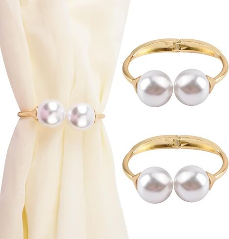 Curtain Tie Backs, 2Pcs Zinc Alloy Creative Curtain Holdbacks Decorative Pearl Curtain Tiebacks Easy to Install Spring Drape Holder Clip for Home Office (Gold) in Saudi Arabia