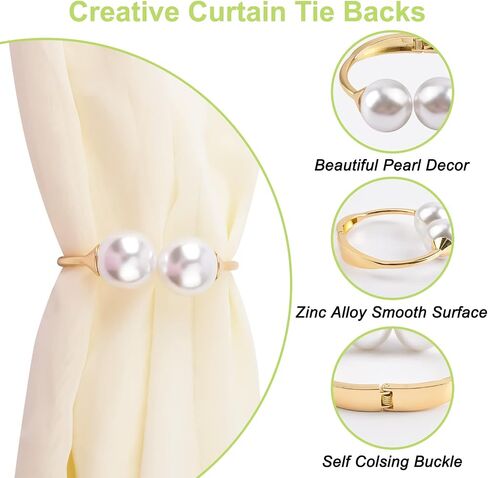 Curtain Tie Backs, 2Pcs Zinc Alloy Creative Curtain Holdbacks Decorative Pearl Curtain Tiebacks Easy to Install Spring Drape Holder Clip for Home Office (Gold) in Saudi Arabia
